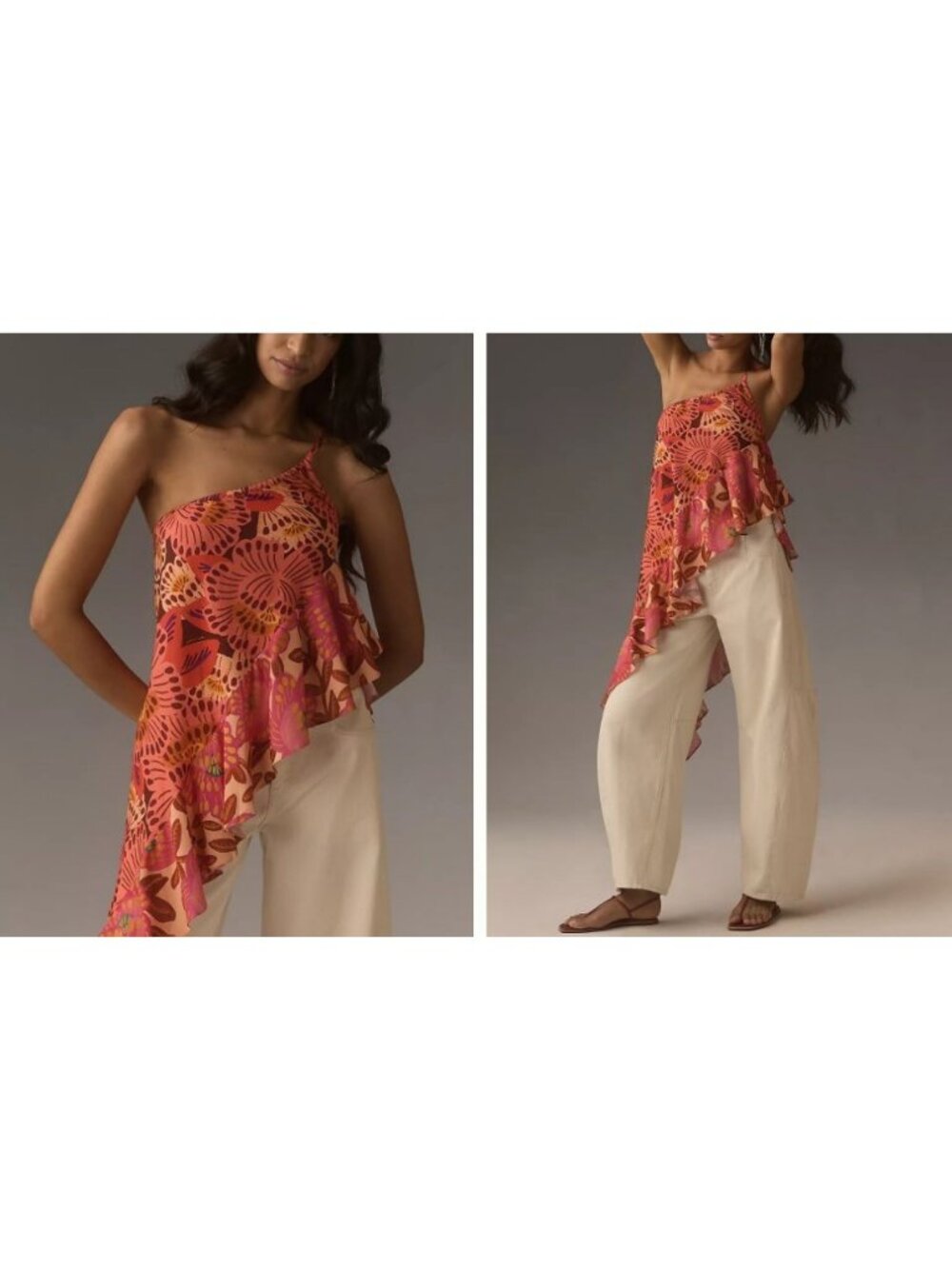 Farm Rio Asymmetrical Ruffle One Shoulder Tank - Medium - Pink & Red